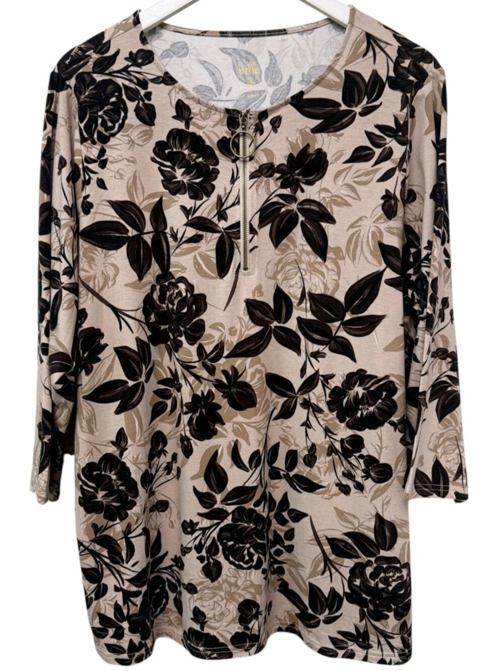 BELLE Kim Gravel Womens Top Brown Floral 1/4 Zip Plus Size 1X Tunic Tee NWOT